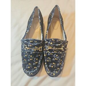 Cabi Carnaby Size 7M Blue Velvet Floral Gold Horsebit Loafers Womens Slip On